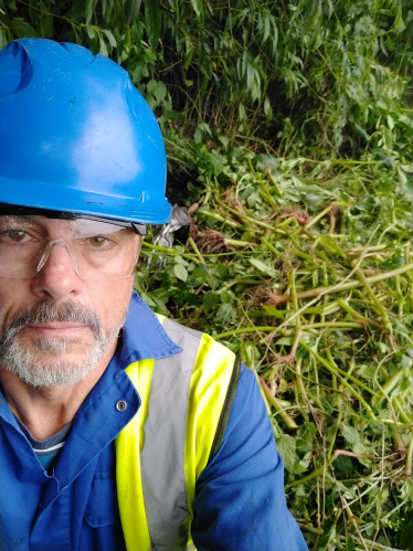 Cllr Tim Nelson wearing a blue hard hat standing in front of Himalayan Balsam